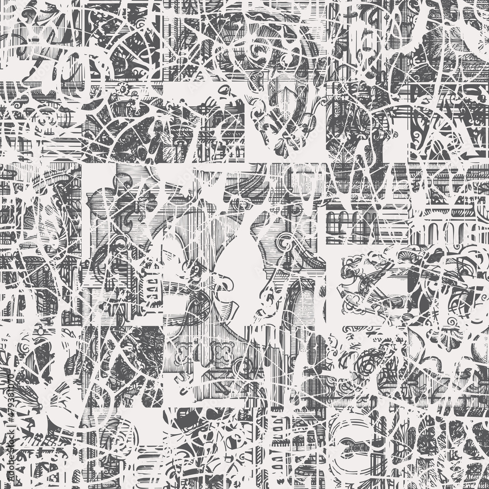 Abstract seamless pattern with hand-drawn architectural fragments and chaotic doodles on light backdrop. Monochrome vector background in grunge style. Suitable for wallpaper, wrapping paper or fabric
