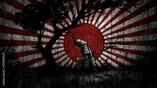 Принти на полотні The last samurai, made harakiri, sitting under a tree against the background of the japanese flag with rays