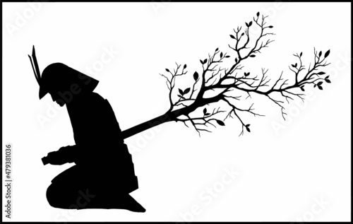 Isolated silhouette of a sitting Japanese warrior, who pierced himself with a katana from which branches with leaves grow. The last samurai in helmet and armor, made harakiri, without background.