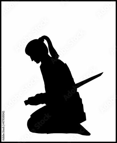 Isolated silhouette of a sitting Japanese warrior with ponytail hair, who pierced himself with a short katana. The last samurai no helmet in armor, made harakiri. Character without background.