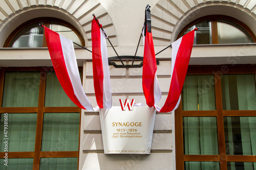 Vienna, Austria, July 24, 2021. The Stadttempel is Vienna's main synagogue. This plaque is intended for tourists. photo