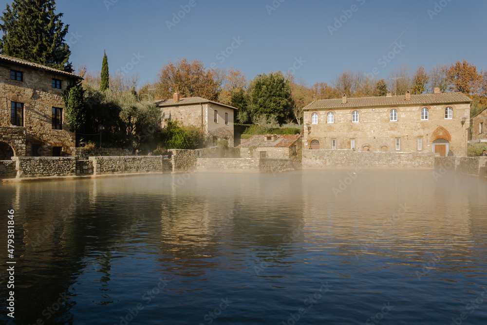 Obraz premium Old thermal baths in the medieval village of Bagno Vignoni, Siena province, Tuscany, Italy