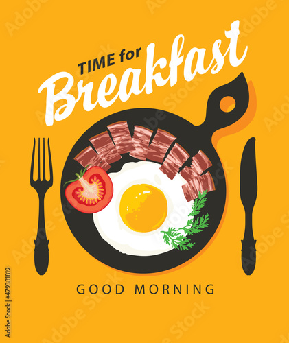 Vector banner on the theme of Breakfast time with cutlery, scrambled egg, appetizing bacon and tomato on a black frying pan on a yellow background. Morning menu for a food and drink cafe in flat style
