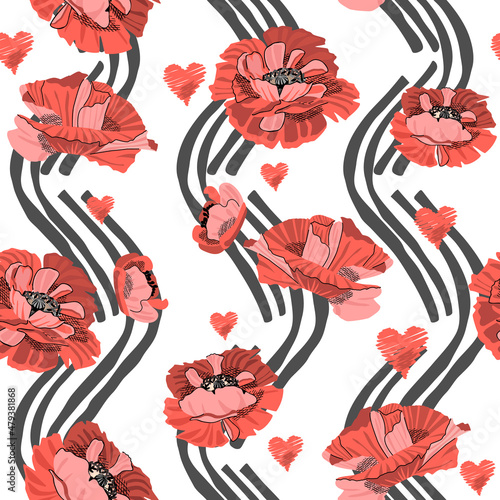 Modern artistic illustration pattern with hand drawn flowers and hearts.Collage red-pink poppies and vertical zigzag rough stripes of gray on white background.Vector seamless fashionable template.