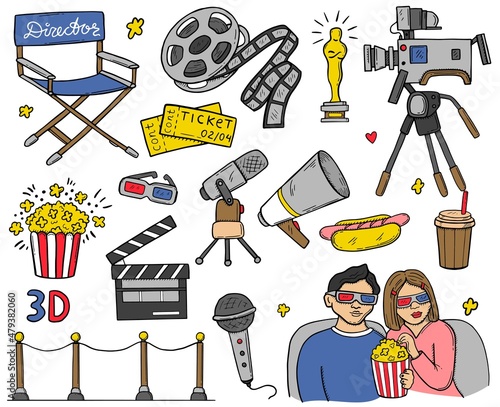 Big set, TV shows, TV series and movies. Funny vector doodles set. Couple in love at the cinema, popcorn, movie camera, hot dog. Handmade illustration.