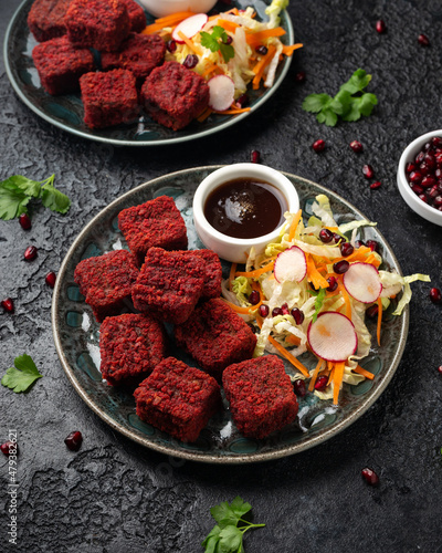 Beetroot and hazelnut bites with pomegranate glaze, vegetarian, vegan party finger food