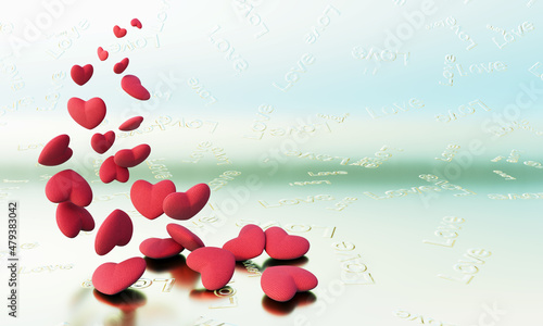 Foto Romantic composition dedicated to love and Valentine's Day with realistic 3d hearts on a background with the word Love