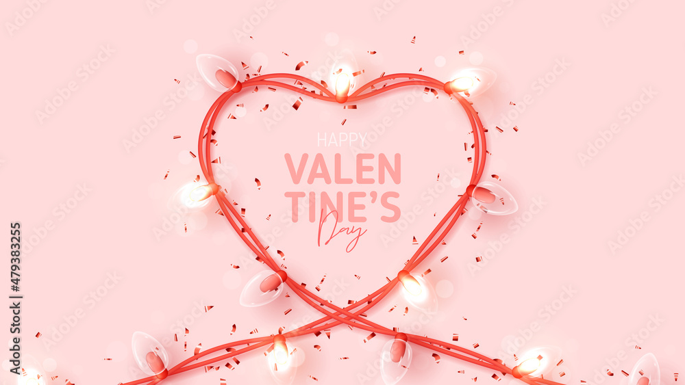 Happy Valentine's Day holiday banner. Vector illustration with sparkling garland in shape of heart and confetti. Holiday 3d composition for Valentine's Day. Festive romantic  banner.