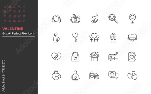 set of valentine line icons, love, heart, wedding