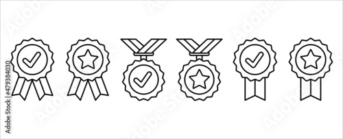 Approval medal vector icon set. Symbol of approved, certified, qualified, the best, check mark and number one. Vector sign set of badge, rosette and emblem in outline design style