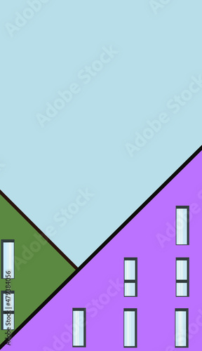 Image of two houses: green and magenta. Vector flat image of windows and roofs of houses. Bright image. Design for cards, posters, backgrounds, templates, textiles, t-shirts.