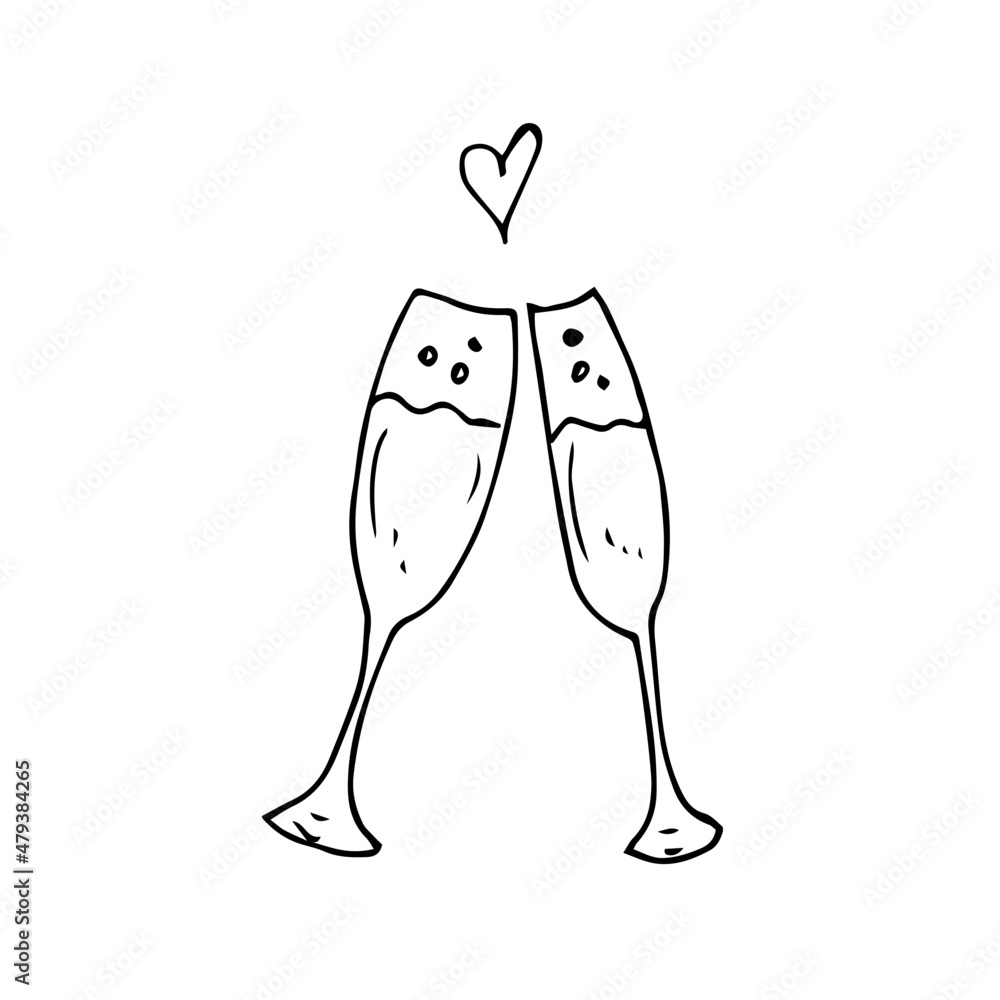Two clinking glasses. Linear vector drawing. Two clinking glasses. Linear vector drawing.