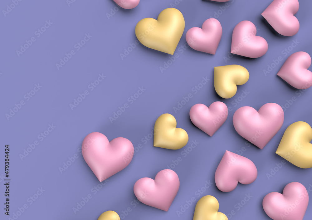 Purple and yellow hearts for Valentine's day and purple background. 3D rendering