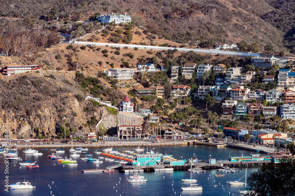 Sunny high angle view of the beautiful Avalon city of Catalina Island