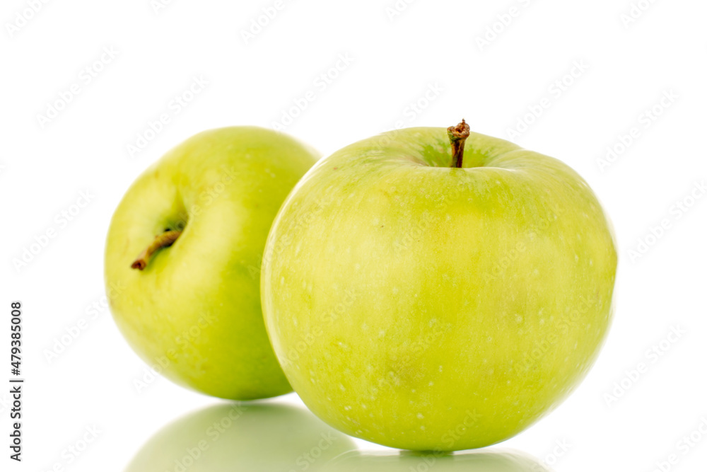 Two sweet green apples, close-up, isolated on white.