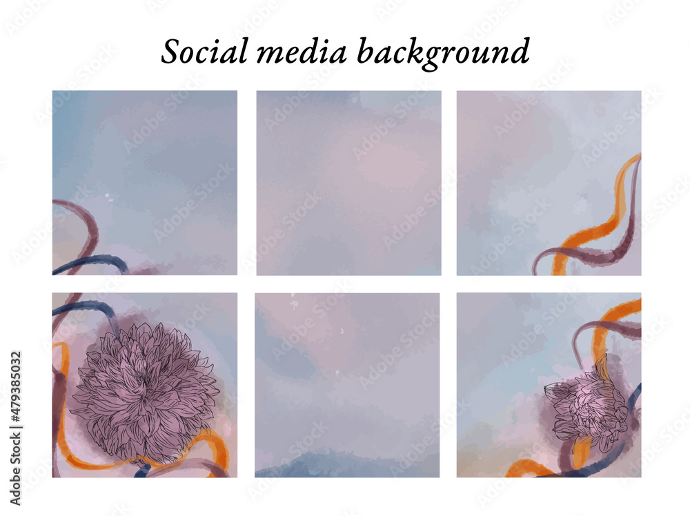 Plantillas de diseño para publicaciones en redes sociales con motivos florales de acuarela en tonos morados, rosas, azules y un toque de dorado, con espacio para texto e imágenes