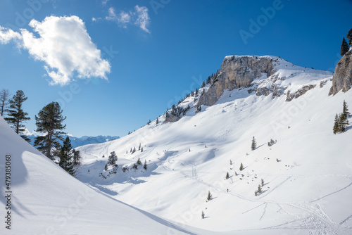 winter landscape rofan alps, with hiking trails and tracks, blue sky
