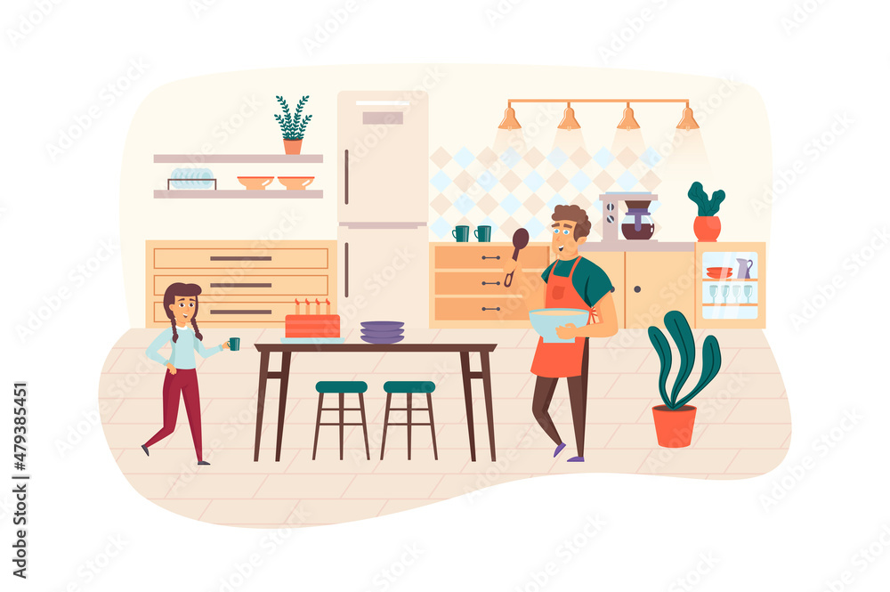 Family cooking breakfast or holiday dinner in kitchen scene. Father holds bowl, daughter drink tea, cake is on table. Household routine concept. Illustration of people characters in flat design