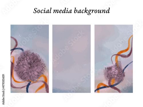 Plantillas de diseño para historias en redes sociales con motivos florales de acuarela en tonos morados, rosas, azules y un toque de dorado, con espacio para texto e imágenes