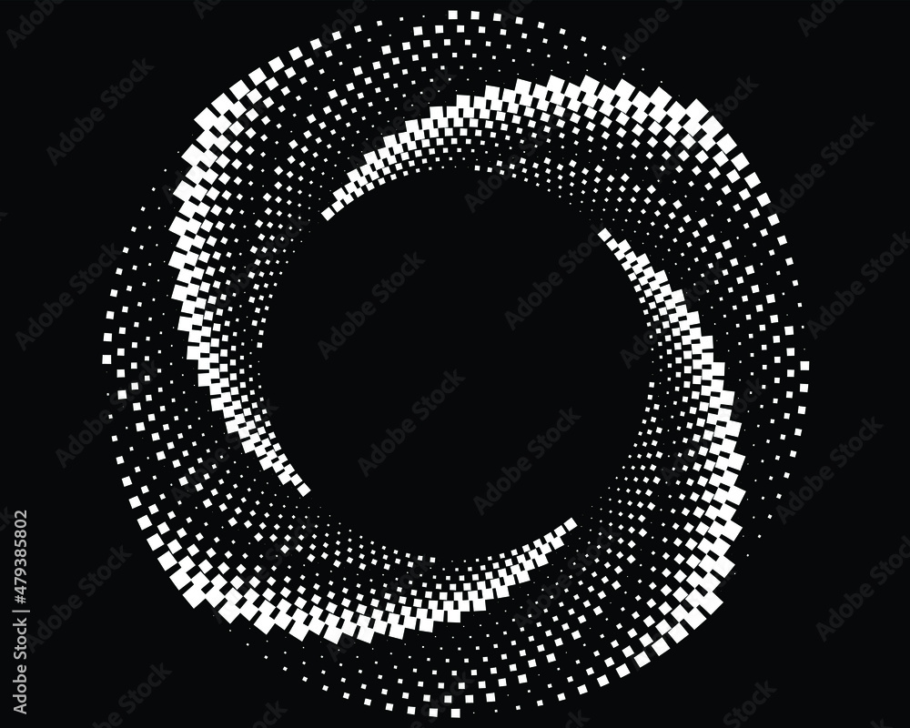 abstract black halftone dots.white halftone dots in vortex form. Geometric art. Trendy design element.Circular and radial lines volute, helix.Segmented circle with rotation