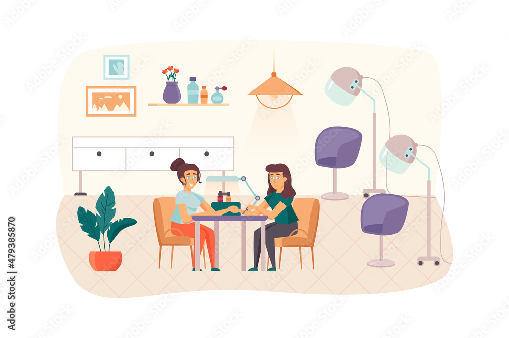 Woman visiting Beauty Salon scene. Female client getting manicure. Manicurist painting nails with nail polish. Cosmetology procedures concept. Illustration of people characters in flat design