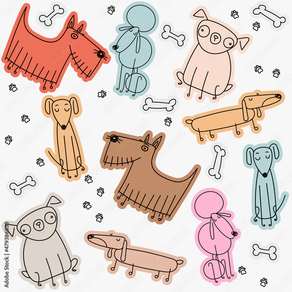 Pattern background pets in linear style colorful. Dog breeds, bones and ...