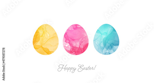 Easter greeting card in simple minimalist style with yellow, pink and blue egg with abstract pattern on white background.
