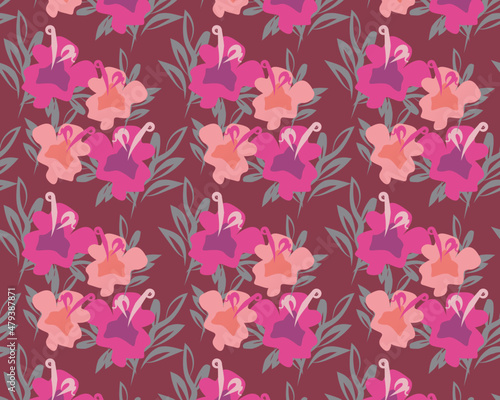 Vector illustration. A pattern with pink flowers on a burgundy background. For Valentine's Day, perfect for fabric, packaging, wallpaper