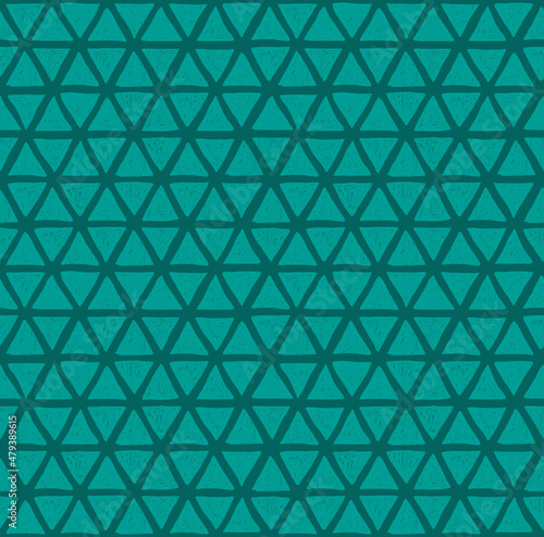 Seamless pattern of drawn triangles on a green background. For fabric, sketchbook, wallpaper, wrapping paper.