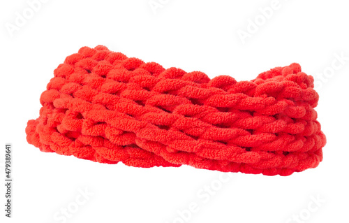 Red scarf isolated on white. Snood knitted.