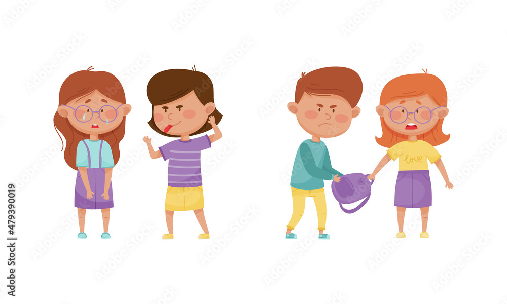 Warring Boy and Girl with Offensive Behavior Insulting Agemate Teasing and Taking Away Backpack Vector Set