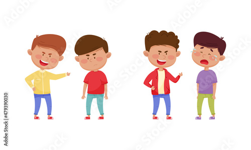 Warring Boy with Offensive Behavior Insulting Crying Agemate Vector Set