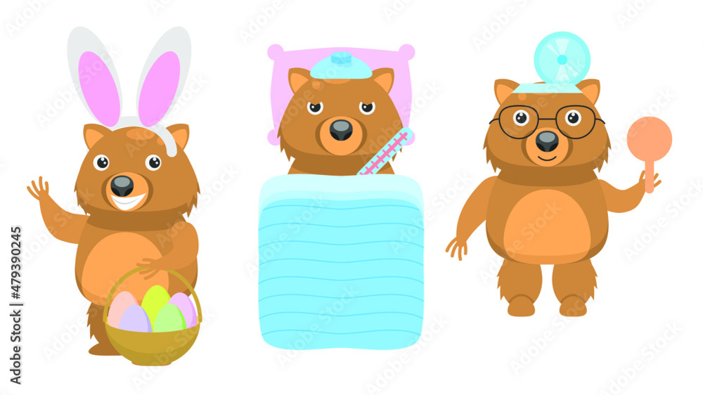Set Abstract Collection Flat Cartoon 
Different Animal Wombat In Bunny Ears With A Basket Of Eggs, Sick With A Thermometer, Ophthalmologist With Scapula Vector Design Style Elements Fauna Wildlife