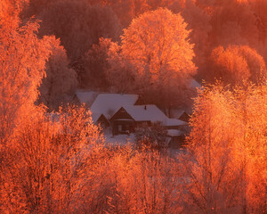 Keuken achterwand Rood Winterdorp in besneeuwd bergbos  © Lana Kray