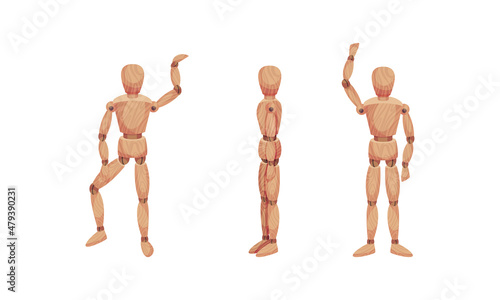 Wooden Man with Jointed Arm and Leg in Different Pose Vector Set
