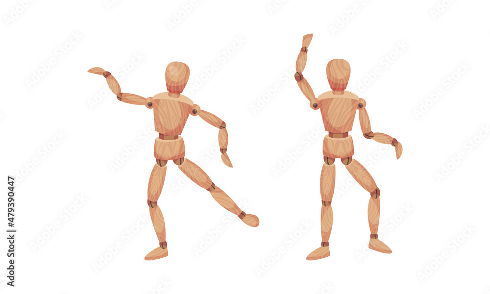 Wooden Man with Jointed Arm and Leg in Different Pose Vector Set