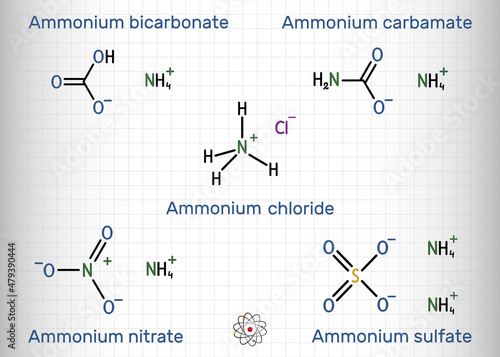Ammonium salts: ammonium bicarbonate, ammonium carbamate, ammonium sulfate, ammonium nitrate, ammonium chloride molecule. Skeletal chemical formula. Sheet of paper in a cage