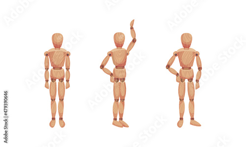 Wooden Man with Jointed Arm and Leg in Different Pose Vector Set