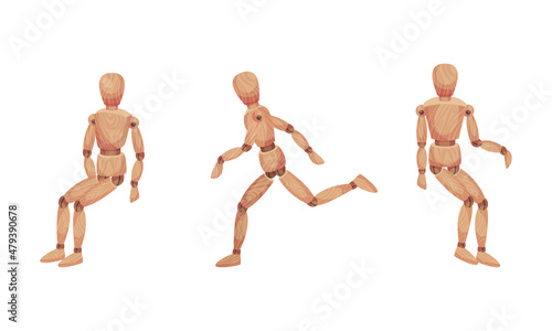 Wooden Man with Jointed Arm and Leg in Different Pose Vector Set