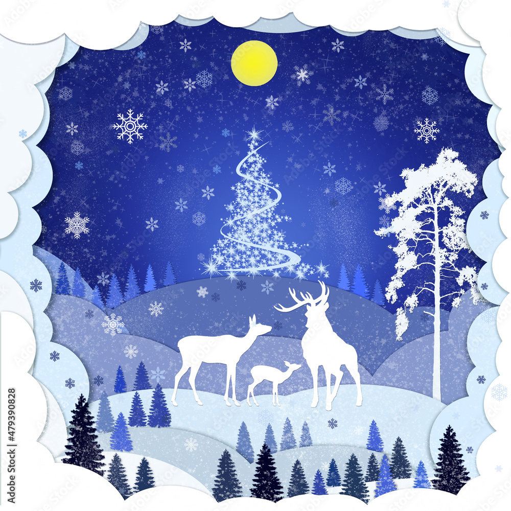 Winter papercut out effect illustration  with deer's  family in dark blue-violet colours. Christmas  landscape with pine trees and snowflakes 