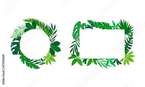 Shaped Frame with Green Leaves and Tropical Foliage Vector Set