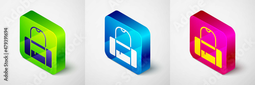 Isometric Sport bag icon isolated on grey background. Square button. Vector