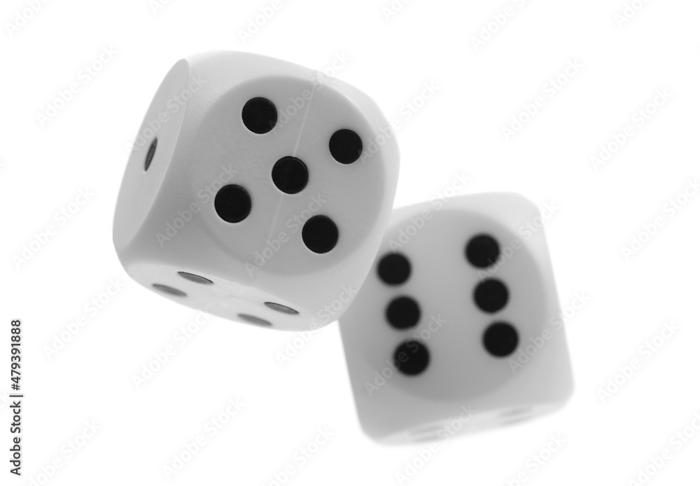 Playing dice for gambling and tabletop games, flying in air, poker isolated on white background, clipping path Playing dice for gambling and tabletop games, flying in air, poker isolated on white background, clipping path