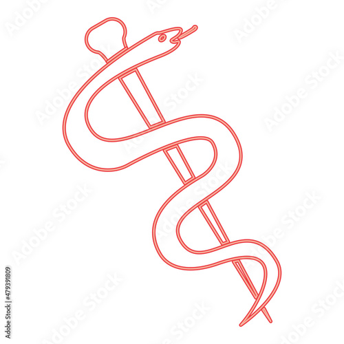 Neon caduceus or staff of asclepius symbol red color vector illustration image flat style