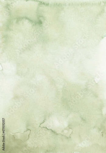 Abstract light khaki green watercolor background texture, hand painted. Artistic pastel olive green color backdrop, stains on paper. Aquarelle painting wallpaper.