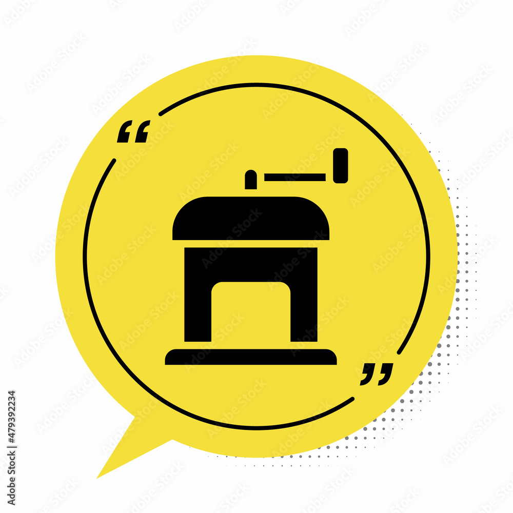 Black Manual coffee grinder icon isolated on white background. Yellow speech bubble symbol. Vector Black Manual coffee grinder icon isolated on white background. Yellow speech bubble symbol. Vector