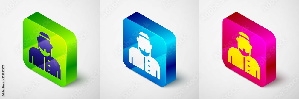 Isometric Muslim man icon isolated on grey background. Square button. Vector Isometric Muslim man icon isolated on grey background. Square button. Vector