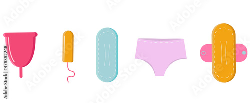menstrual collection cup, disposable and reused absorbent, tampon and absorbent panties. Assorted products for a woman's menstrual cycle in flat color illustration.