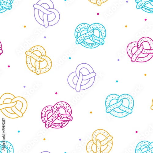 Seamless vector pattern with pretzels. Line objects. Colorful palette. Cute hand drawn background for kids room decor, nursery art, packaging, wrapping paper, card, textile, print, fabric, wallpaper.