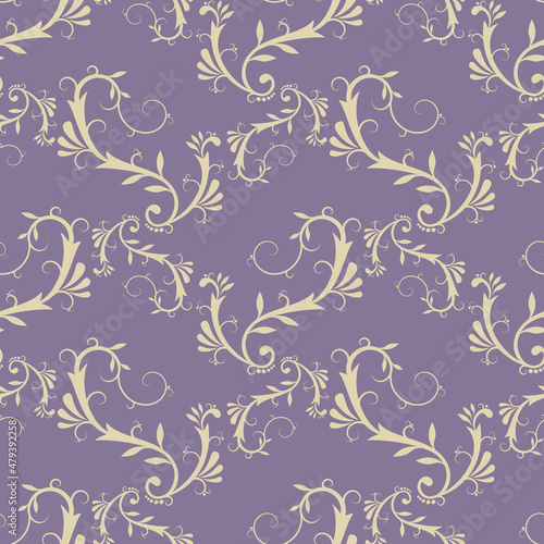 Seamless vintage pattern in pastel colors with a repeating element on an isolated background. Decorative two-color ornament with curls  leaves  drops. For fabric design  wallpaper  textile  packaging.